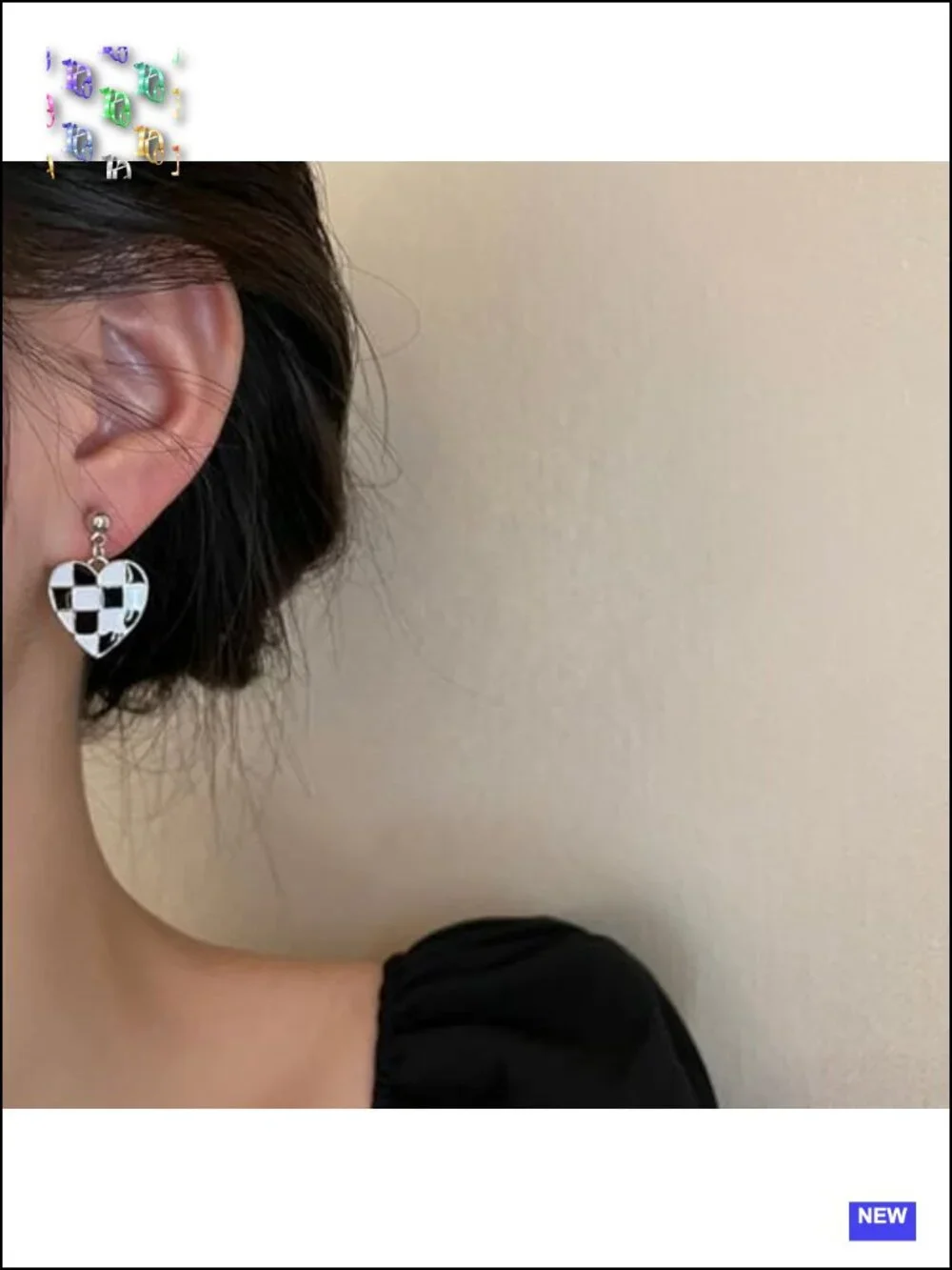 Heart Drop Dangle Earrings Geometric Checkerboard Pattern Statement Lightweight